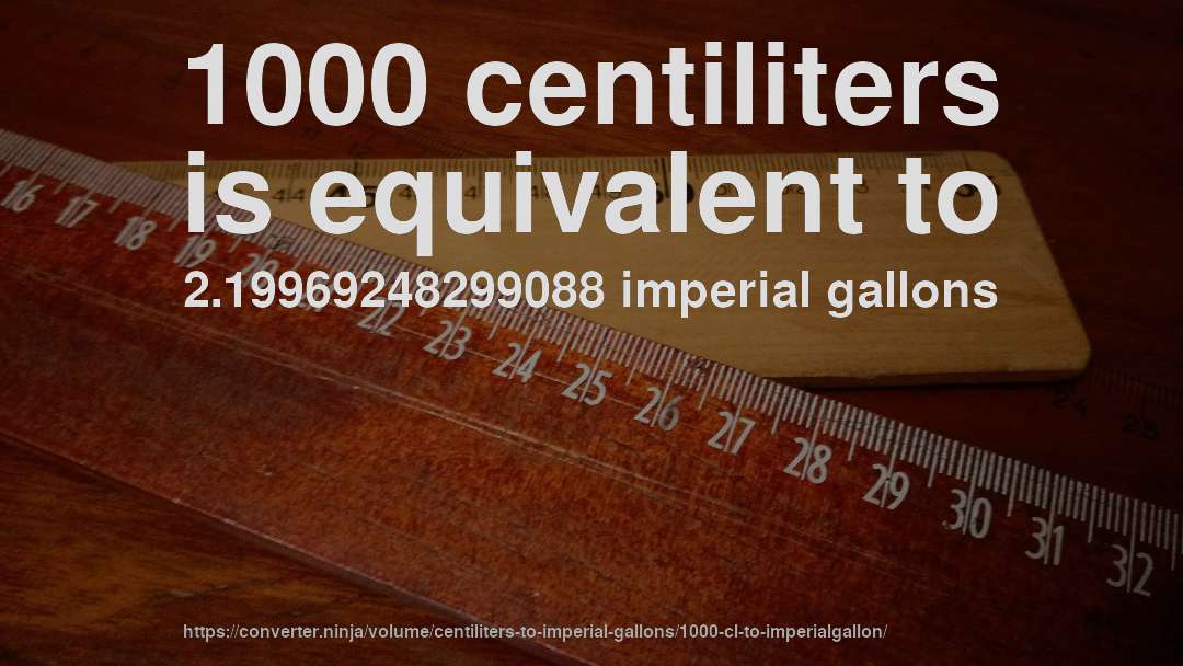 1000 centiliters is equivalent to 2.19969248299088 imperial gallons