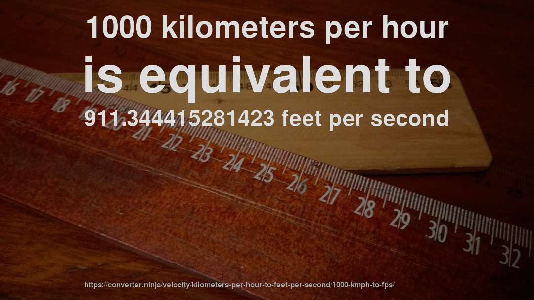 1000 kilometers per hour is equivalent to 911.344415281423 feet per second