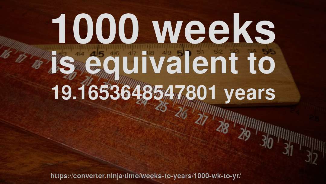 1000 weeks is equivalent to 19.1653648547801 years
