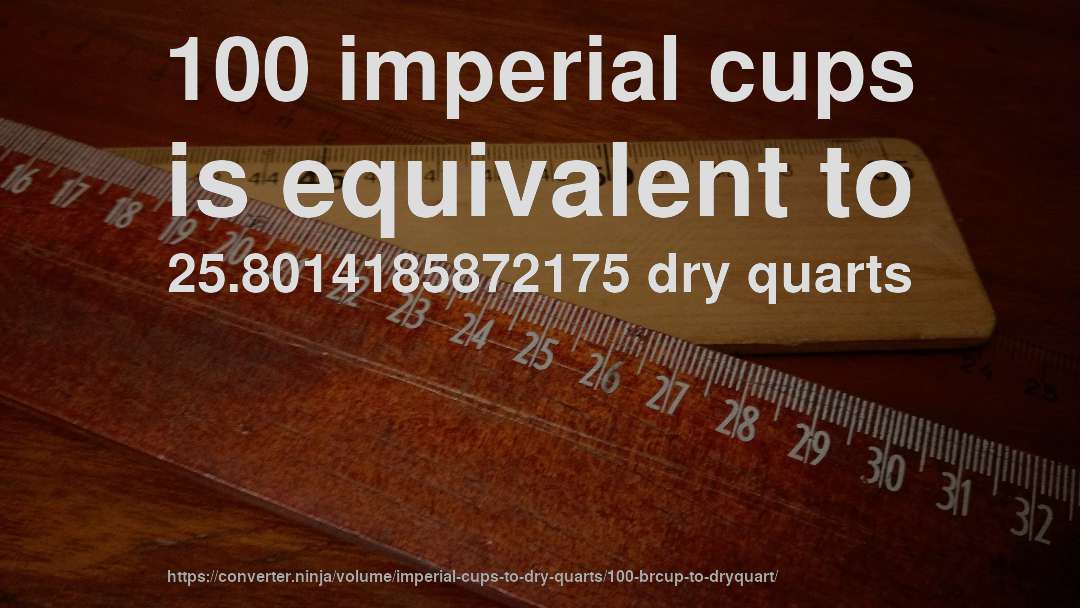 100 imperial cups is equivalent to 25.8014185872175 dry quarts