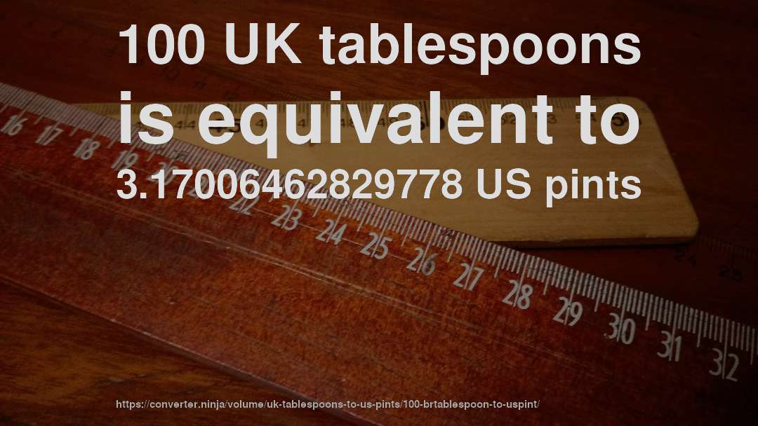100 UK tablespoons is equivalent to 3.17006462829778 US pints