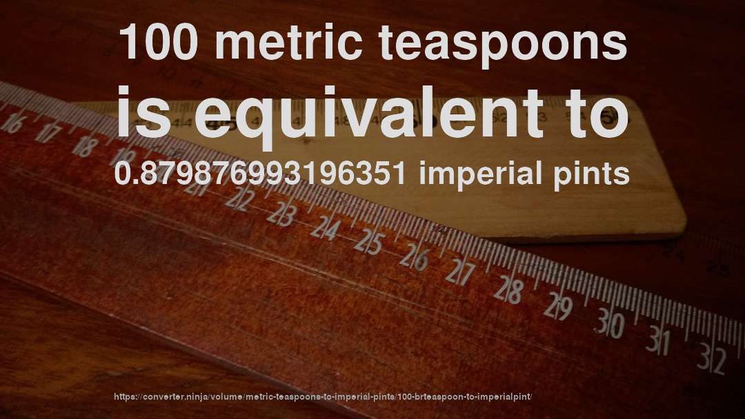 100 metric teaspoons is equivalent to 0.879876993196351 imperial pints