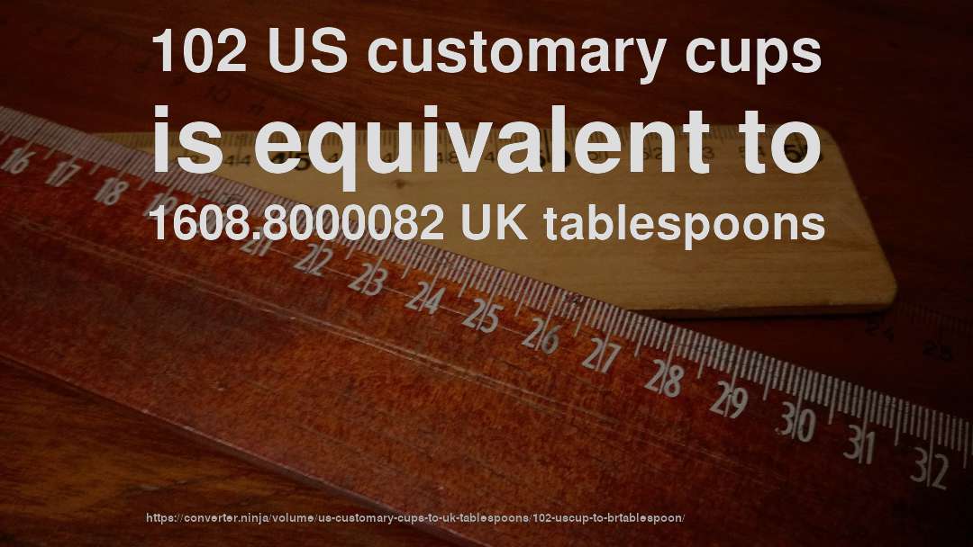 102 US customary cups is equivalent to 1608.8000082 UK tablespoons