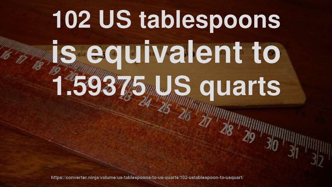 102 US tablespoons is equivalent to 1.59375 US quarts
