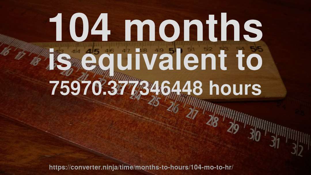 104 months is equivalent to 75970.377346448 hours