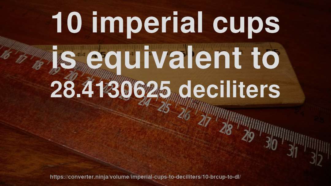 10 imperial cups is equivalent to 28.4130625 deciliters