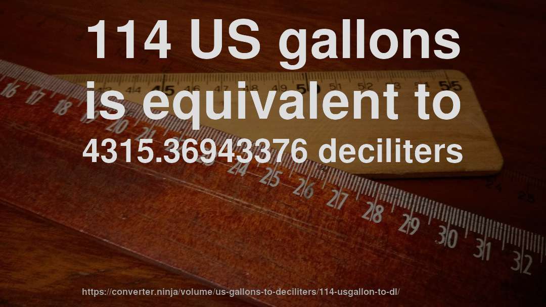114 US gallons is equivalent to 4315.36943376 deciliters