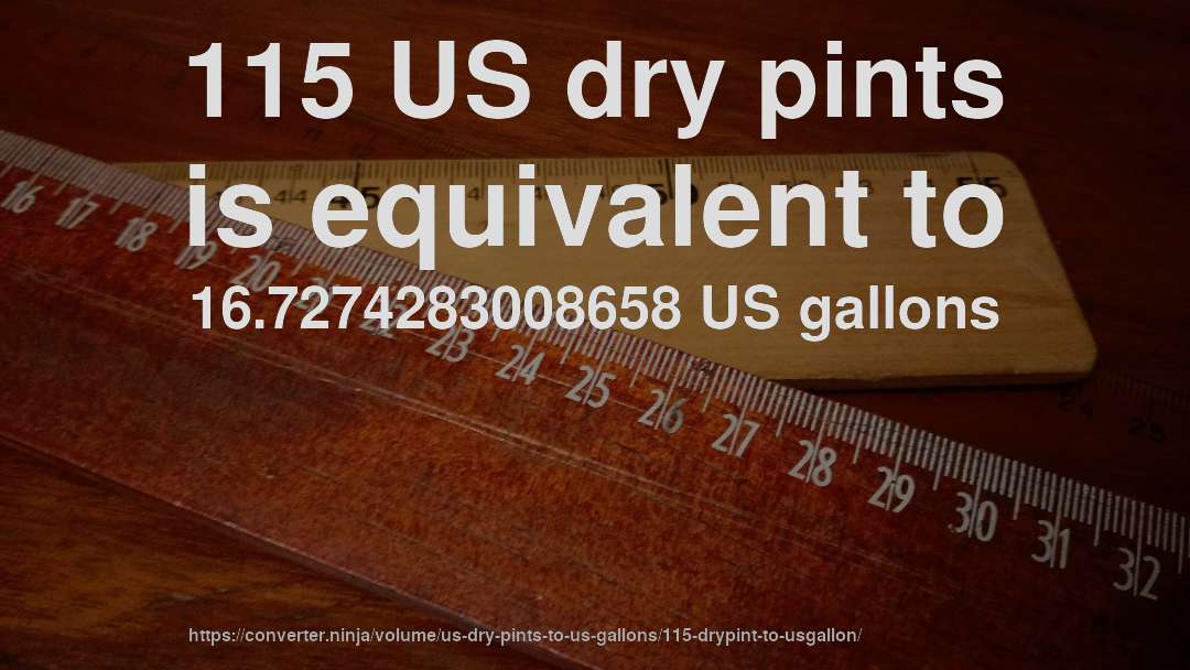 115 US dry pints is equivalent to 16.7274283008658 US gallons