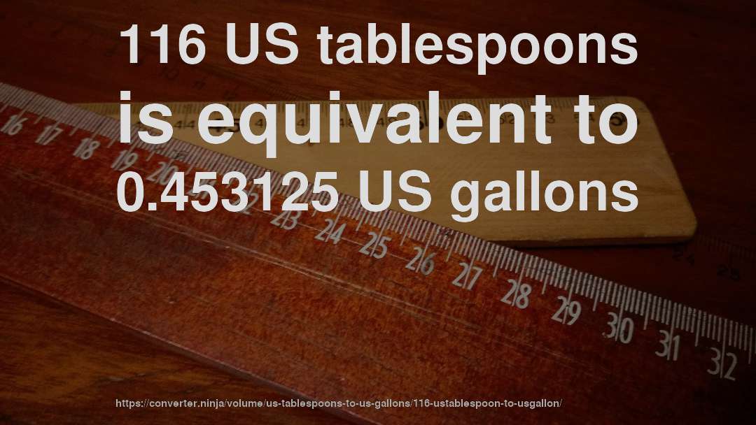 116 US tablespoons is equivalent to 0.453125 US gallons