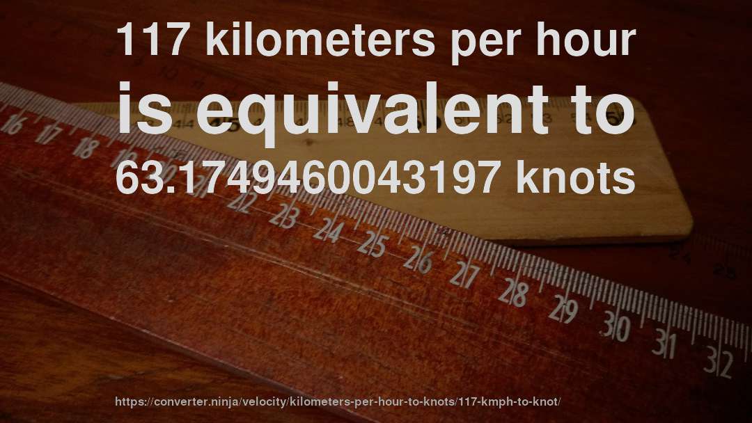 117 kilometers per hour is equivalent to 63.1749460043197 knots
