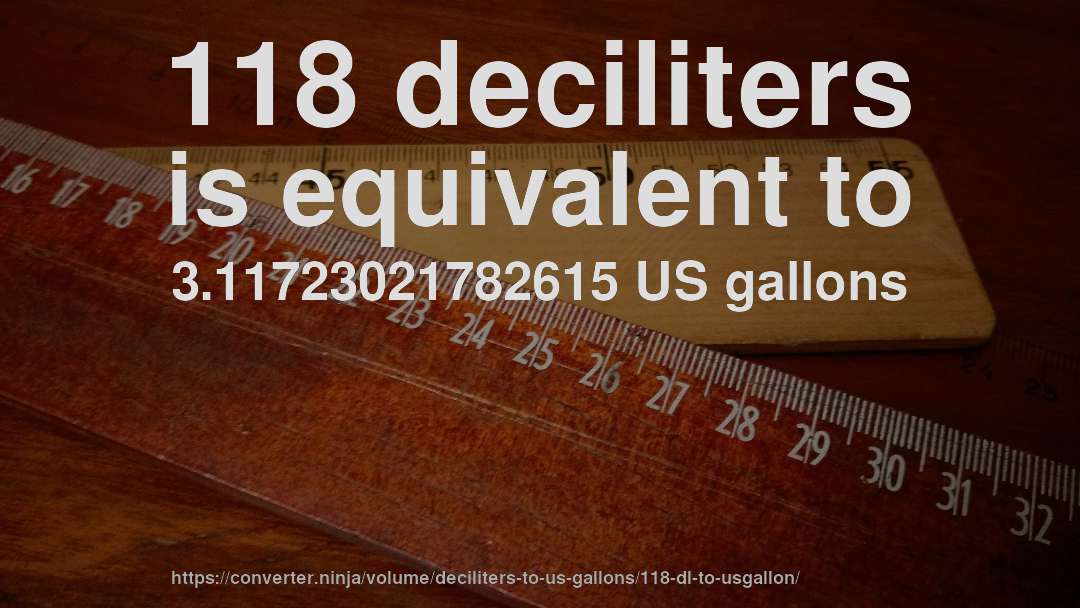 118 deciliters is equivalent to 3.11723021782615 US gallons
