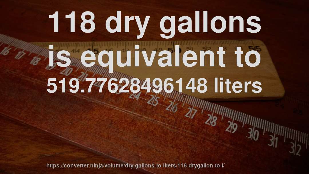 118 dry gallons is equivalent to 519.77628496148 liters