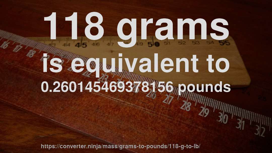 118 grams is equivalent to 0.260145469378156 pounds