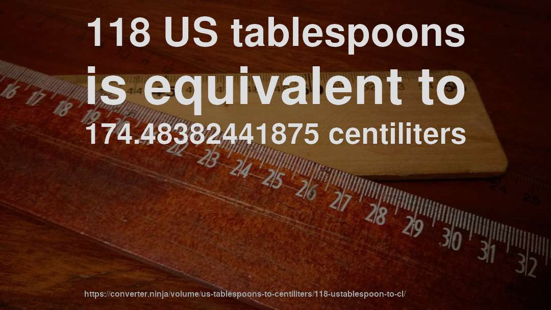 118 US tablespoons is equivalent to 174.48382441875 centiliters