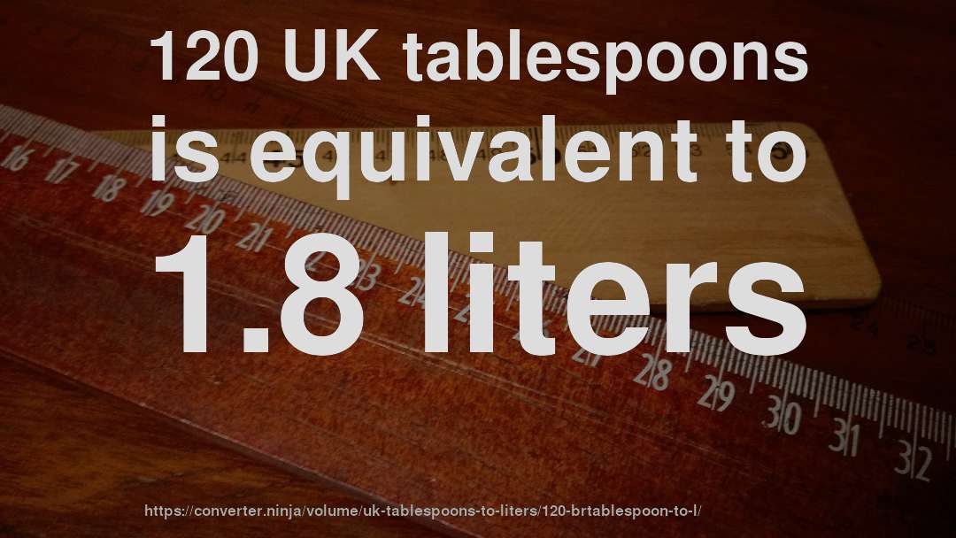 120 UK tablespoons is equivalent to 1.8 liters