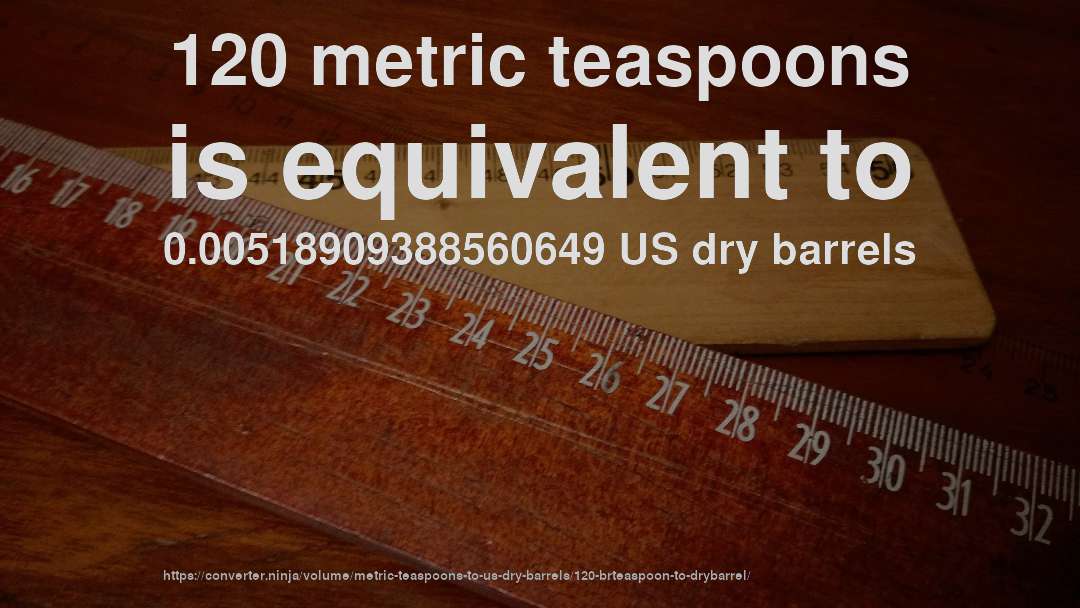 120 metric teaspoons is equivalent to 0.00518909388560649 US dry barrels
