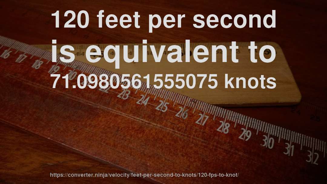 120 feet per second is equivalent to 71.0980561555075 knots
