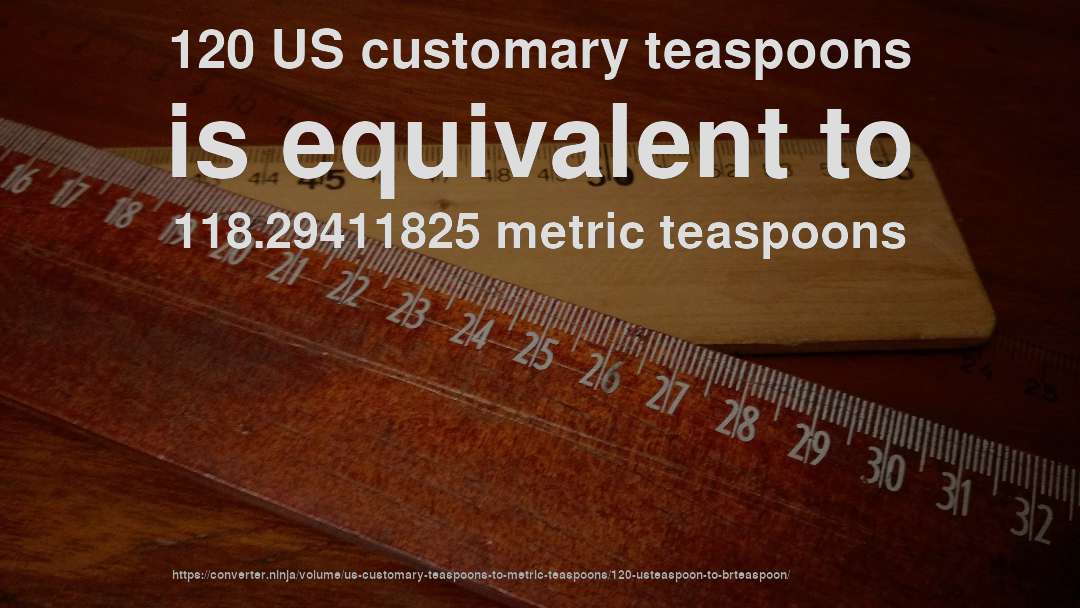 120 US customary teaspoons is equivalent to 118.29411825 metric teaspoons