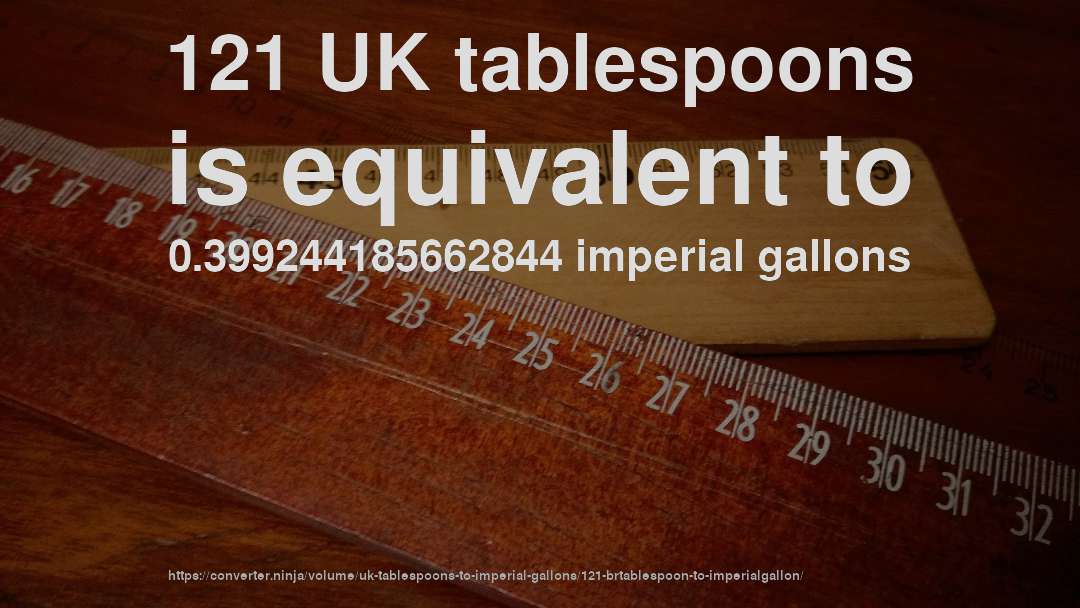 121 UK tablespoons is equivalent to 0.399244185662844 imperial gallons