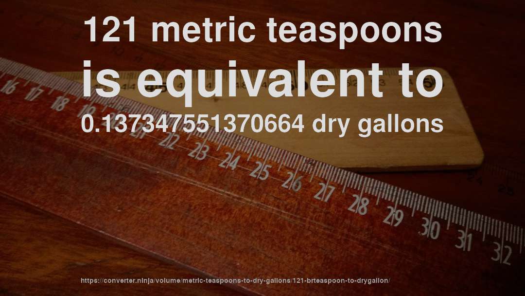 121 metric teaspoons is equivalent to 0.137347551370664 dry gallons