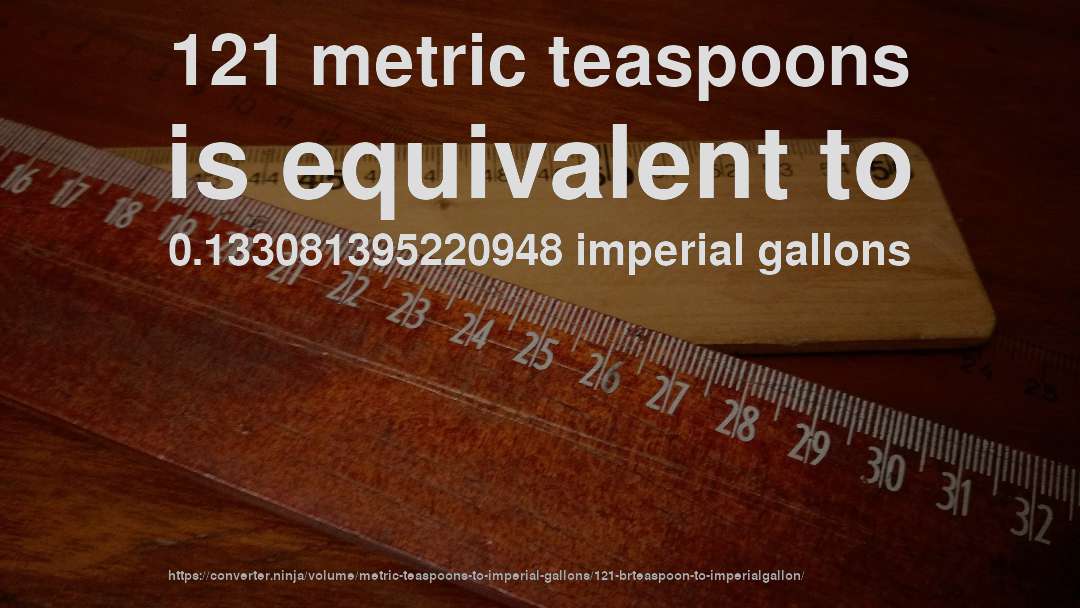 121 metric teaspoons is equivalent to 0.133081395220948 imperial gallons