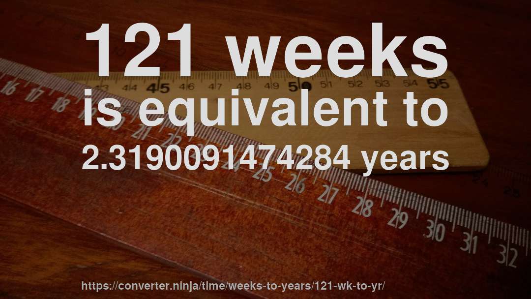 121 weeks is equivalent to 2.3190091474284 years