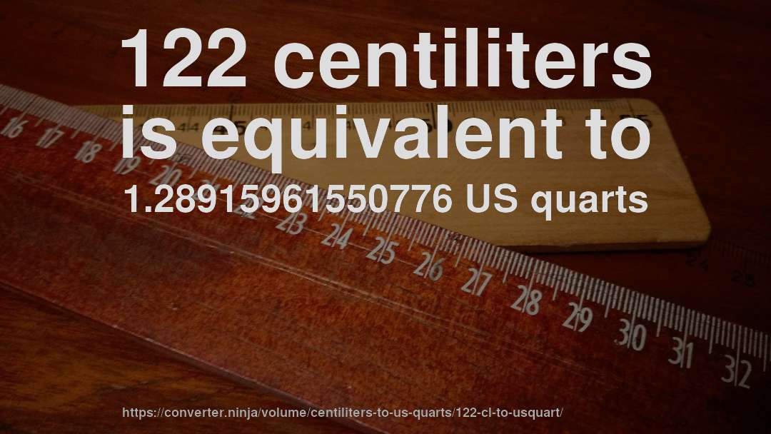 122 centiliters is equivalent to 1.28915961550776 US quarts