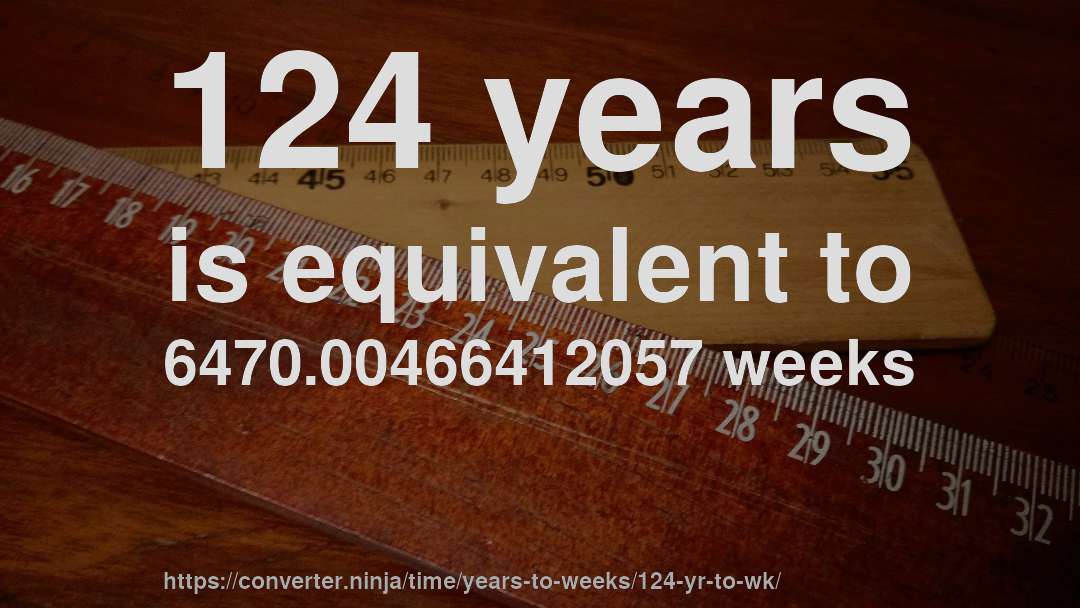 124 years is equivalent to 6470.00466412057 weeks