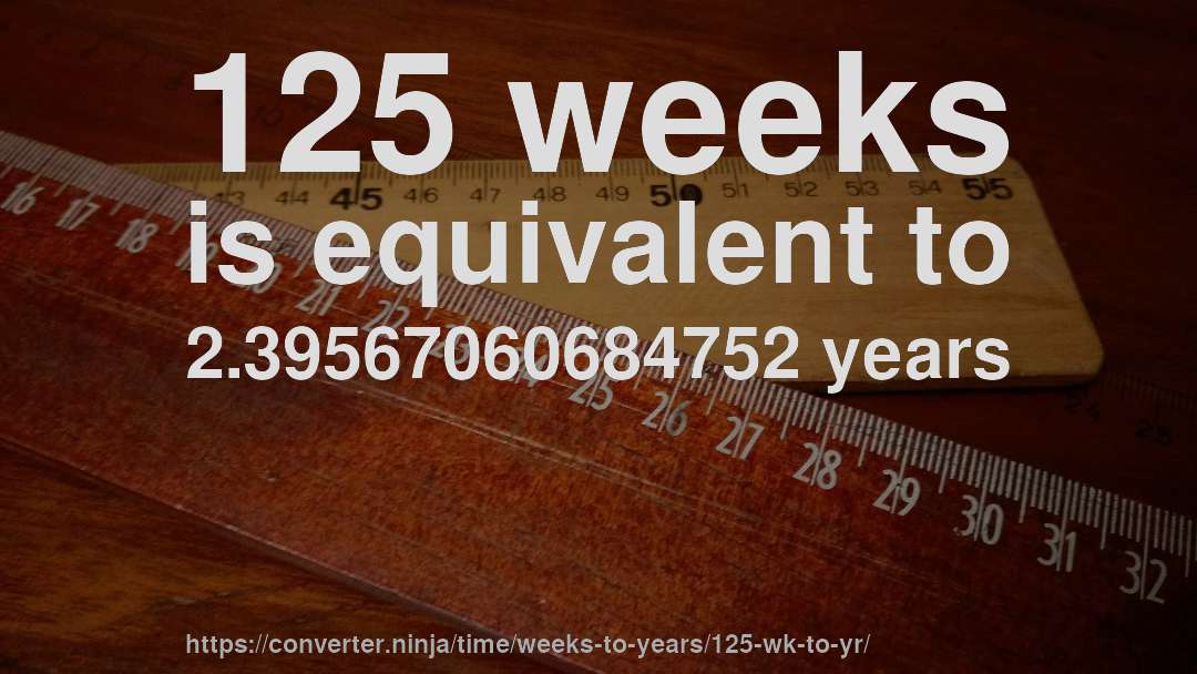 125 weeks is equivalent to 2.39567060684752 years