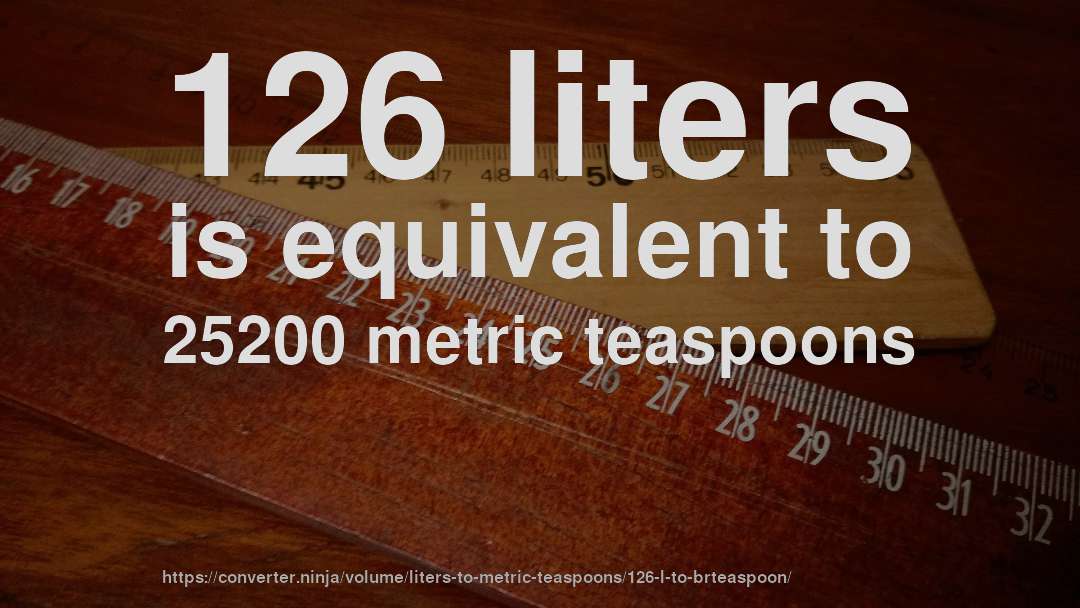 126 liters is equivalent to 25200 metric teaspoons