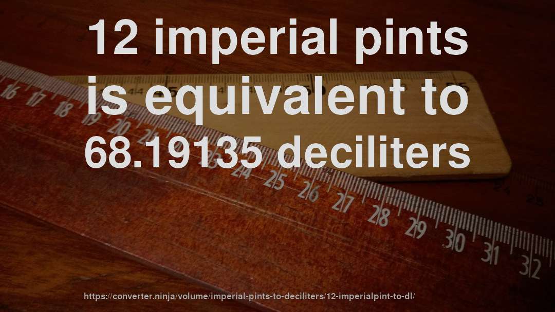 12 imperial pints is equivalent to 68.19135 deciliters