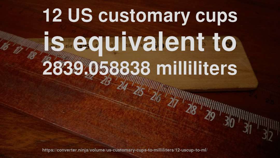 12 US customary cups is equivalent to 2839.058838 milliliters