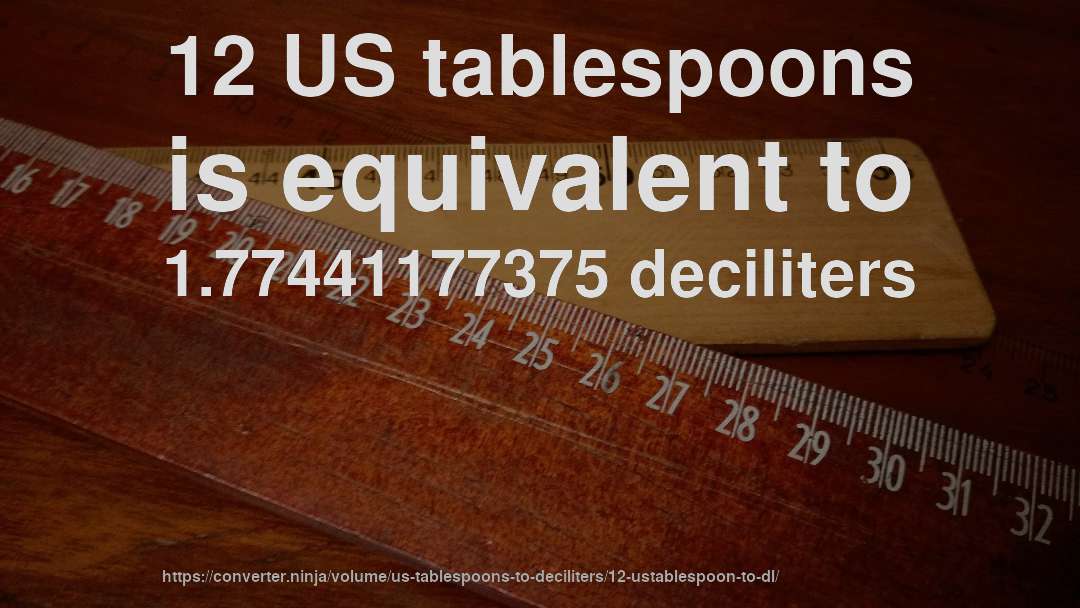 12 US tablespoons is equivalent to 1.77441177375 deciliters