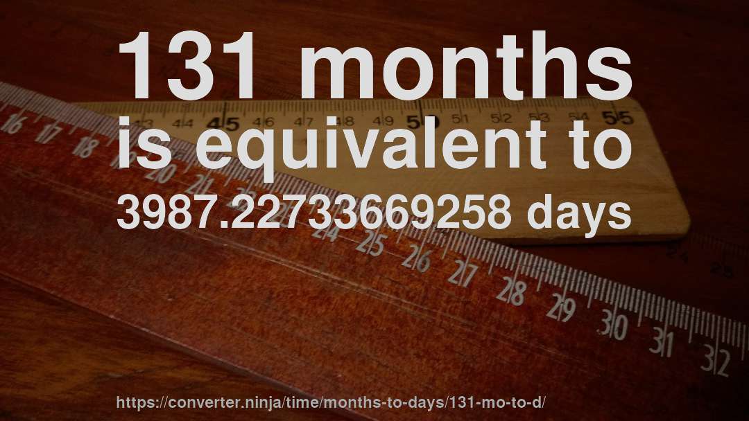 131 months is equivalent to 3987.22733669258 days