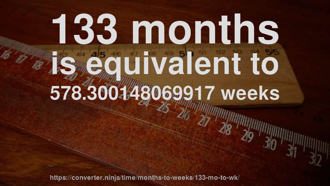 133 months is equivalent to 578.300148069917 weeks