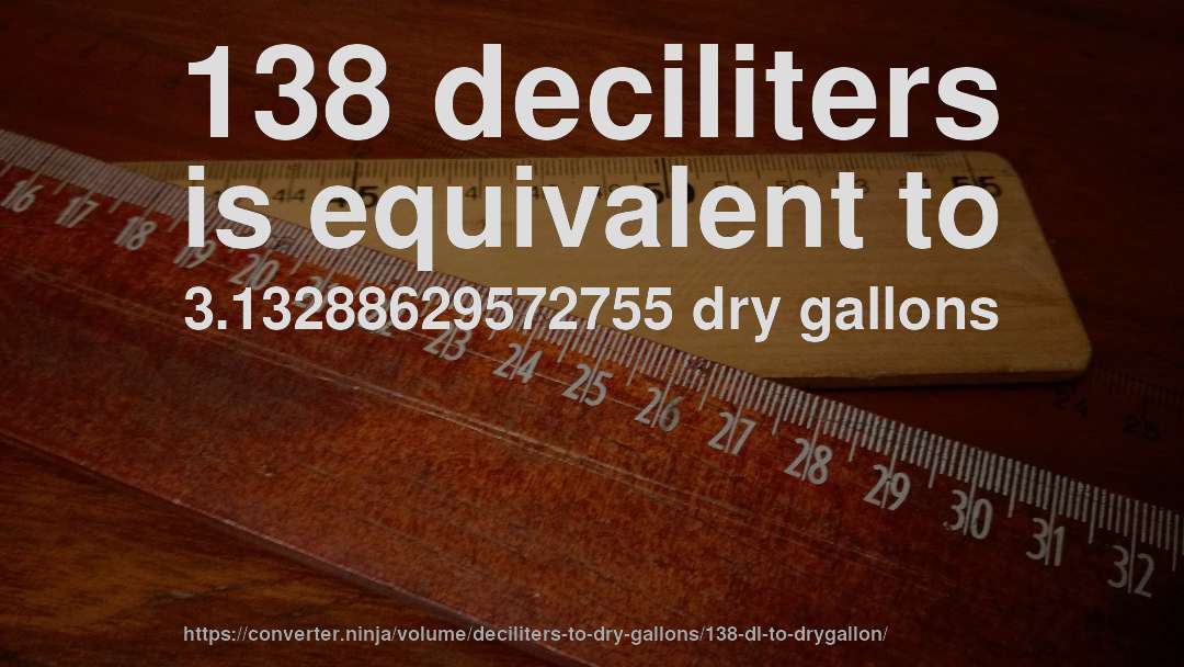 138 deciliters is equivalent to 3.13288629572755 dry gallons
