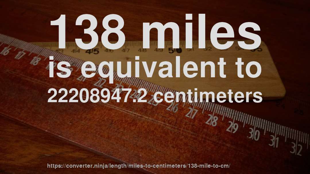138 miles is equivalent to 22208947.2 centimeters