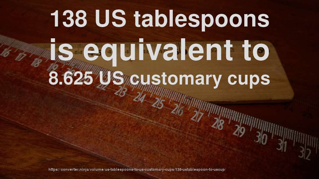 138 US tablespoons is equivalent to 8.625 US customary cups
