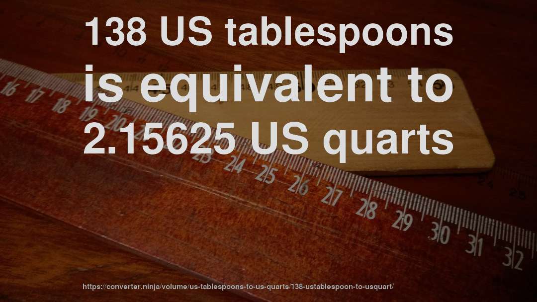 138 US tablespoons is equivalent to 2.15625 US quarts
