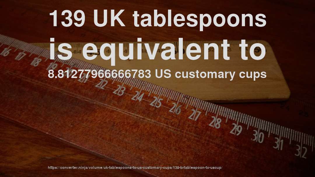 139 UK tablespoons is equivalent to 8.81277966666783 US customary cups