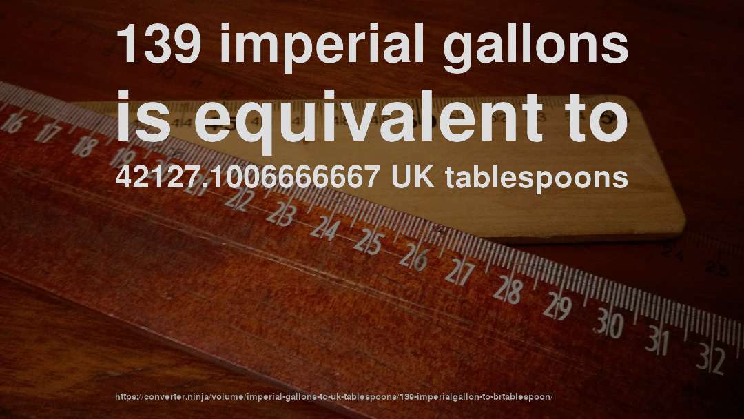 139 imperial gallons is equivalent to 42127.1006666667 UK tablespoons