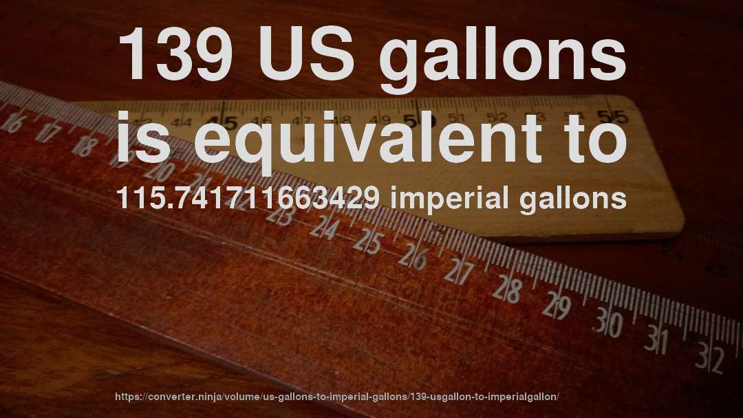 139 US gallons is equivalent to 115.741711663429 imperial gallons