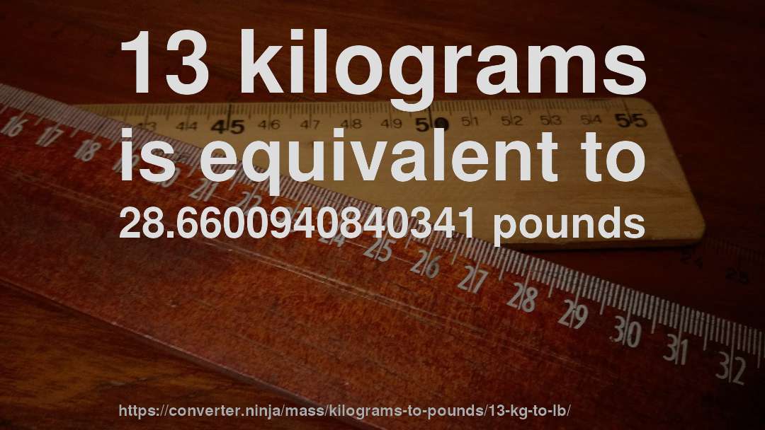 13 kilograms is equivalent to 28.6600940840341 pounds