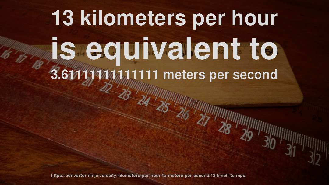 13 kilometers per hour is equivalent to 3.61111111111111 meters per second