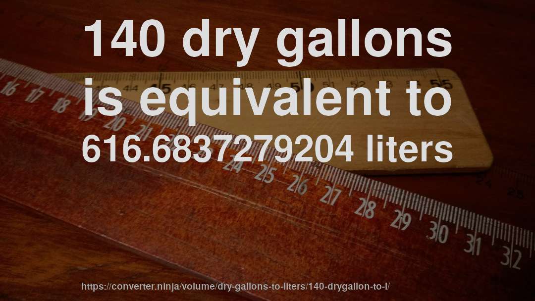 140 dry gallons is equivalent to 616.6837279204 liters