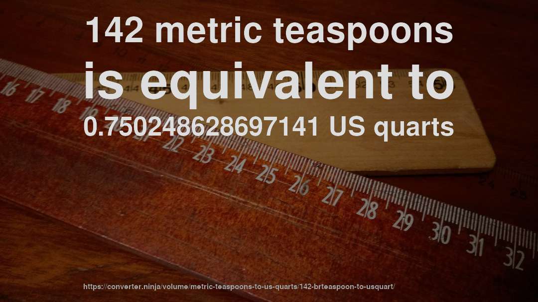 142 metric teaspoons is equivalent to 0.750248628697141 US quarts