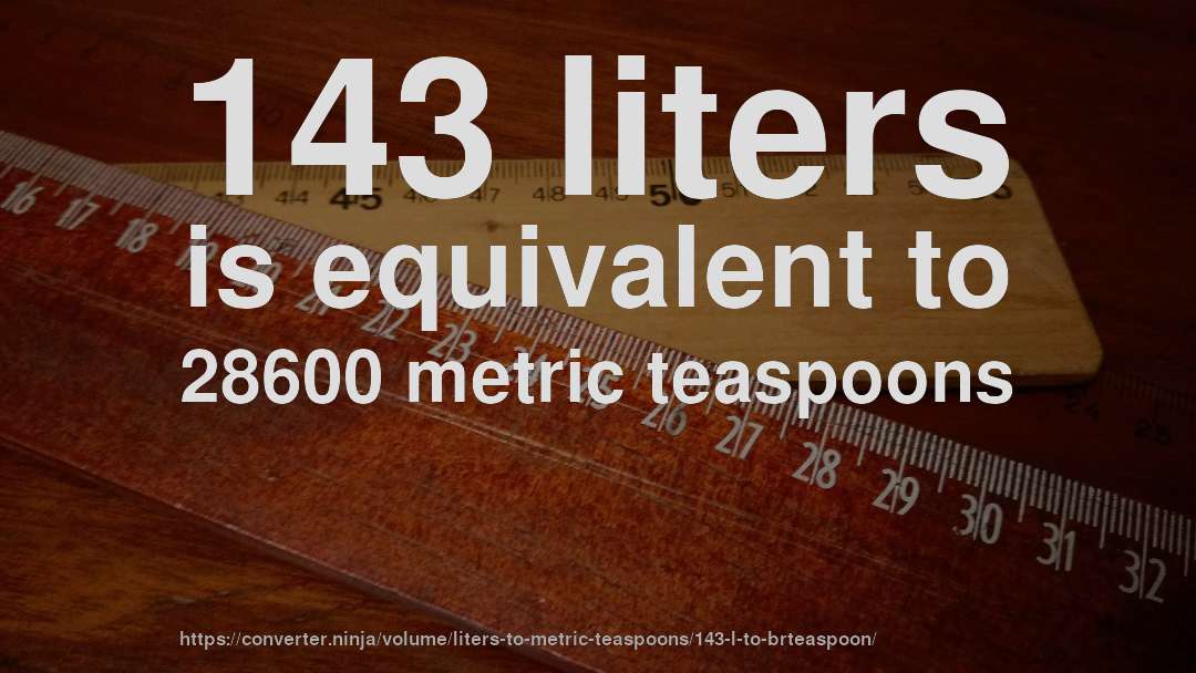 143 liters is equivalent to 28600 metric teaspoons
