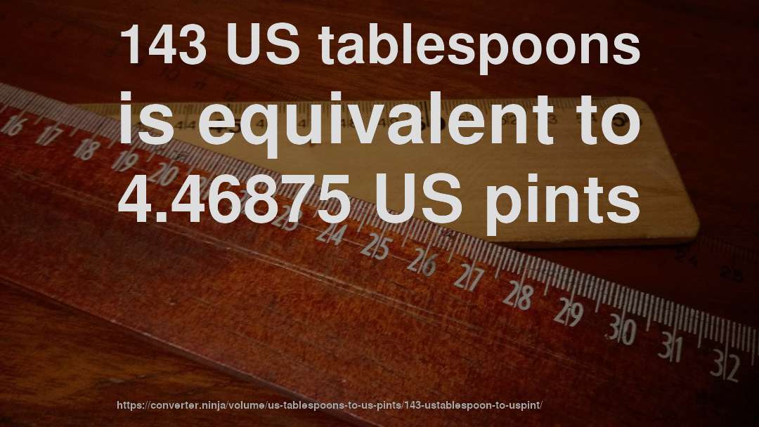 143 US tablespoons is equivalent to 4.46875 US pints