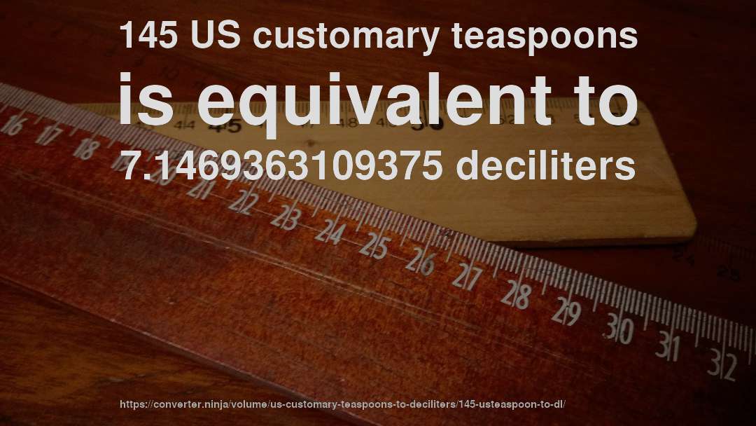 145 US customary teaspoons is equivalent to 7.1469363109375 deciliters