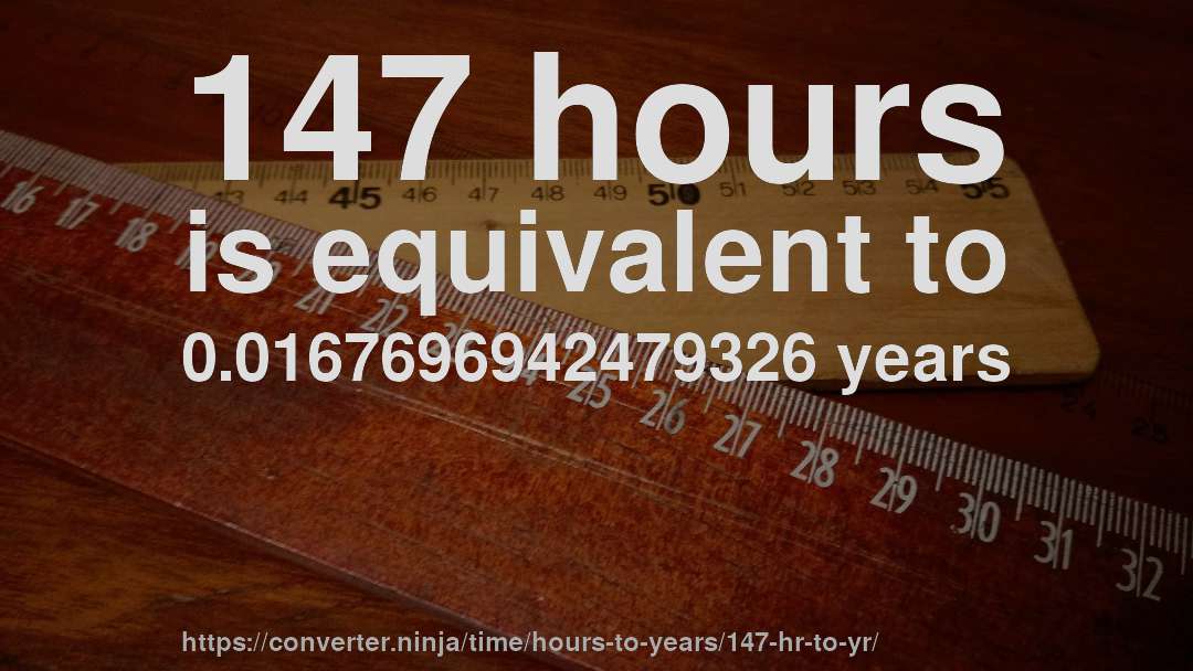 147 hours is equivalent to 0.0167696942479326 years